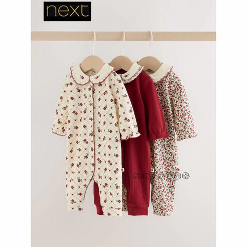 英国Next婴儿白红色碎花翻领刺绣连体睡衣长爬睡袋纯棉Y44-990