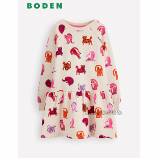 代购英国Mini Boden女童猫咪满印卡通卫衣长袖连衣裙2-12岁G5570