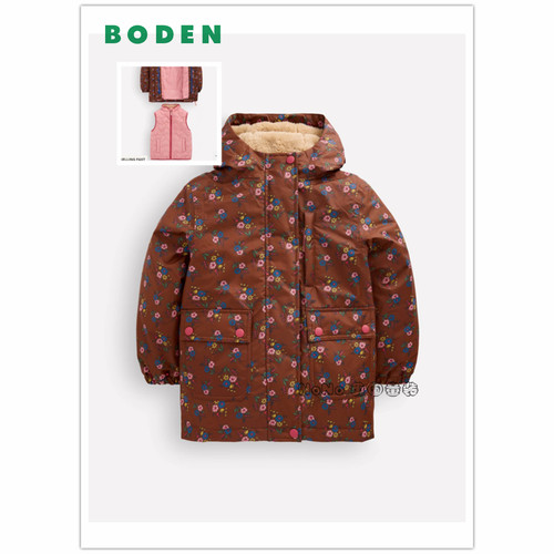 英国Mini BODEN女童棕色碎花外套可拆马甲棉服厚棉衣2-14岁G5556