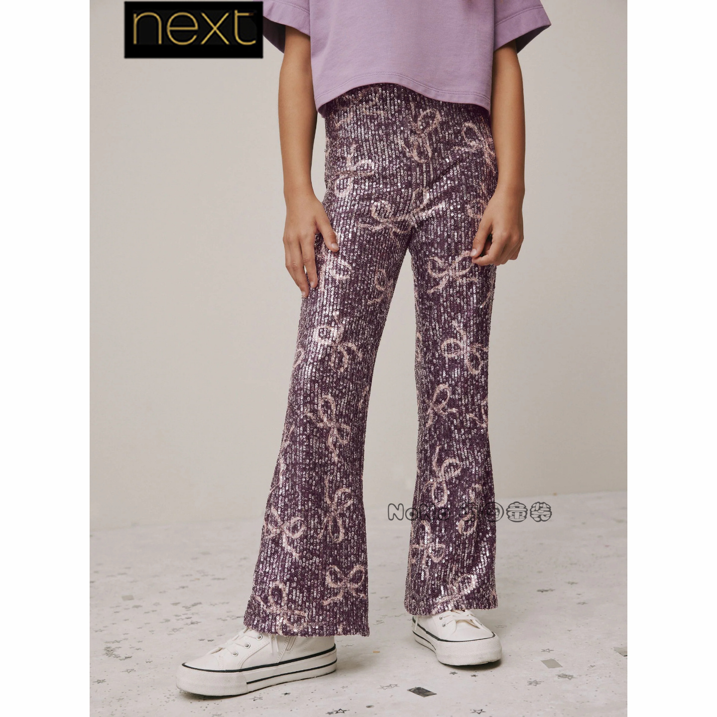 英国Next女大童亲子蝴蝶结紫色亮片喇叭演出长裤3-16岁F72-280