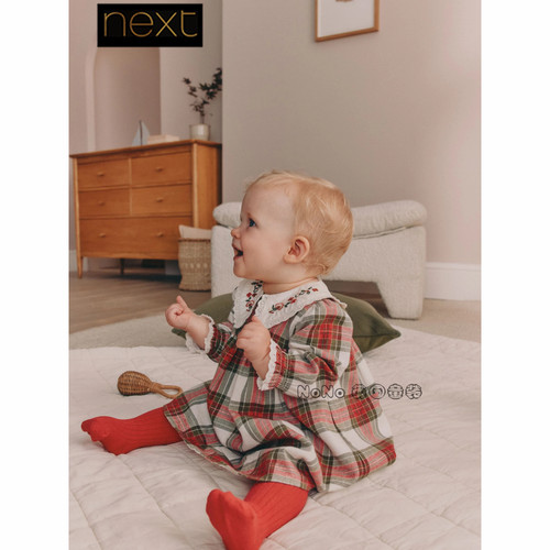 英国Next婴儿新年红色格子翻领刺绣连衣裙连裤袜套装0-2岁G27-153