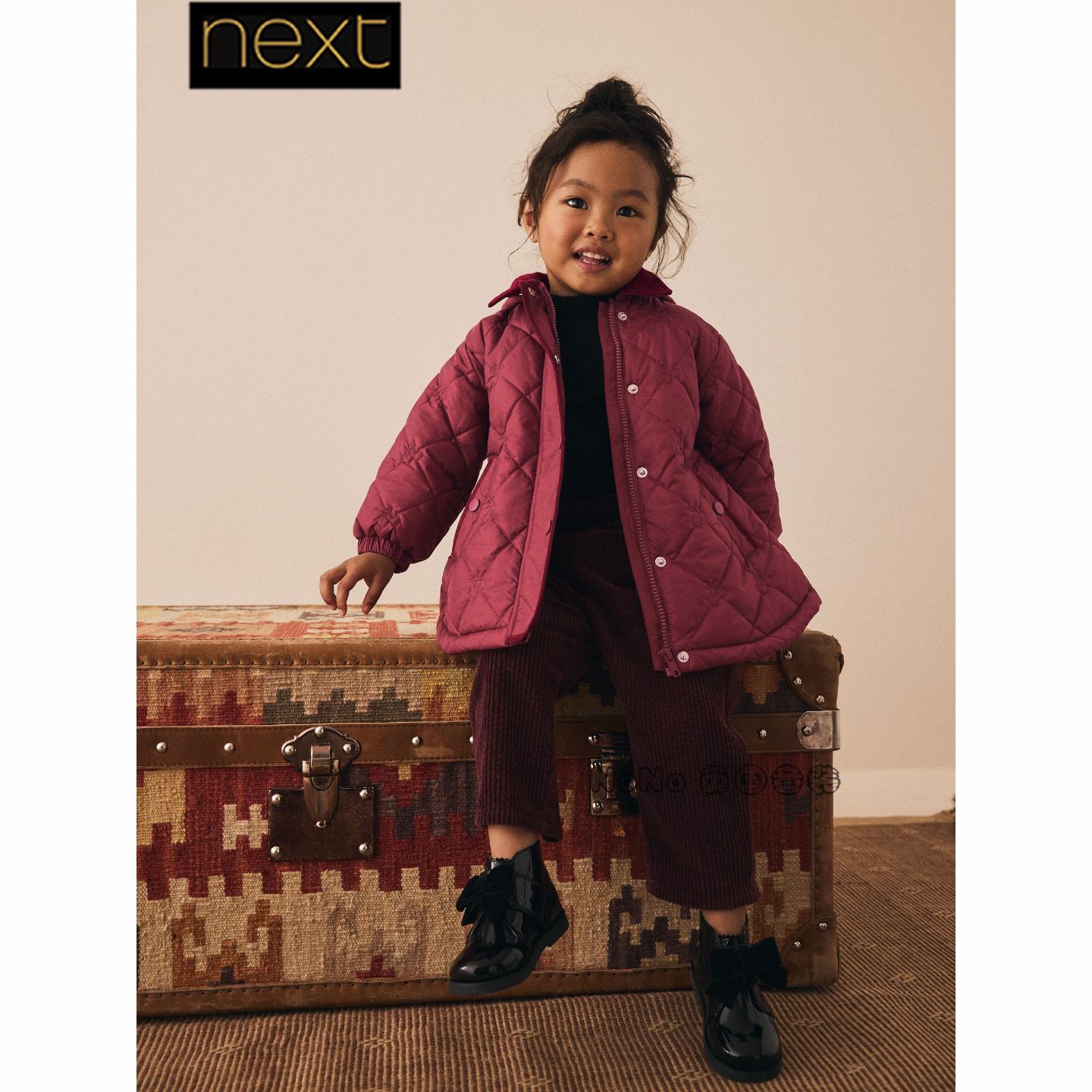 英国Next代购女童酒红色樱桃中长款加厚棉服外套连帽1-7岁AN4-625