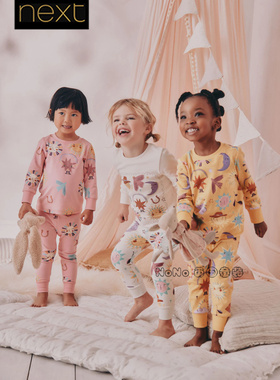 英国Next女童粉黄色卡通家居服睡衣长袖秋裤1-12岁纯棉AY5-594