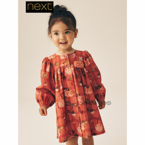 英国Next代购女童橙色南瓜立体格子全棉长袖连衣裙1-8岁G68-513