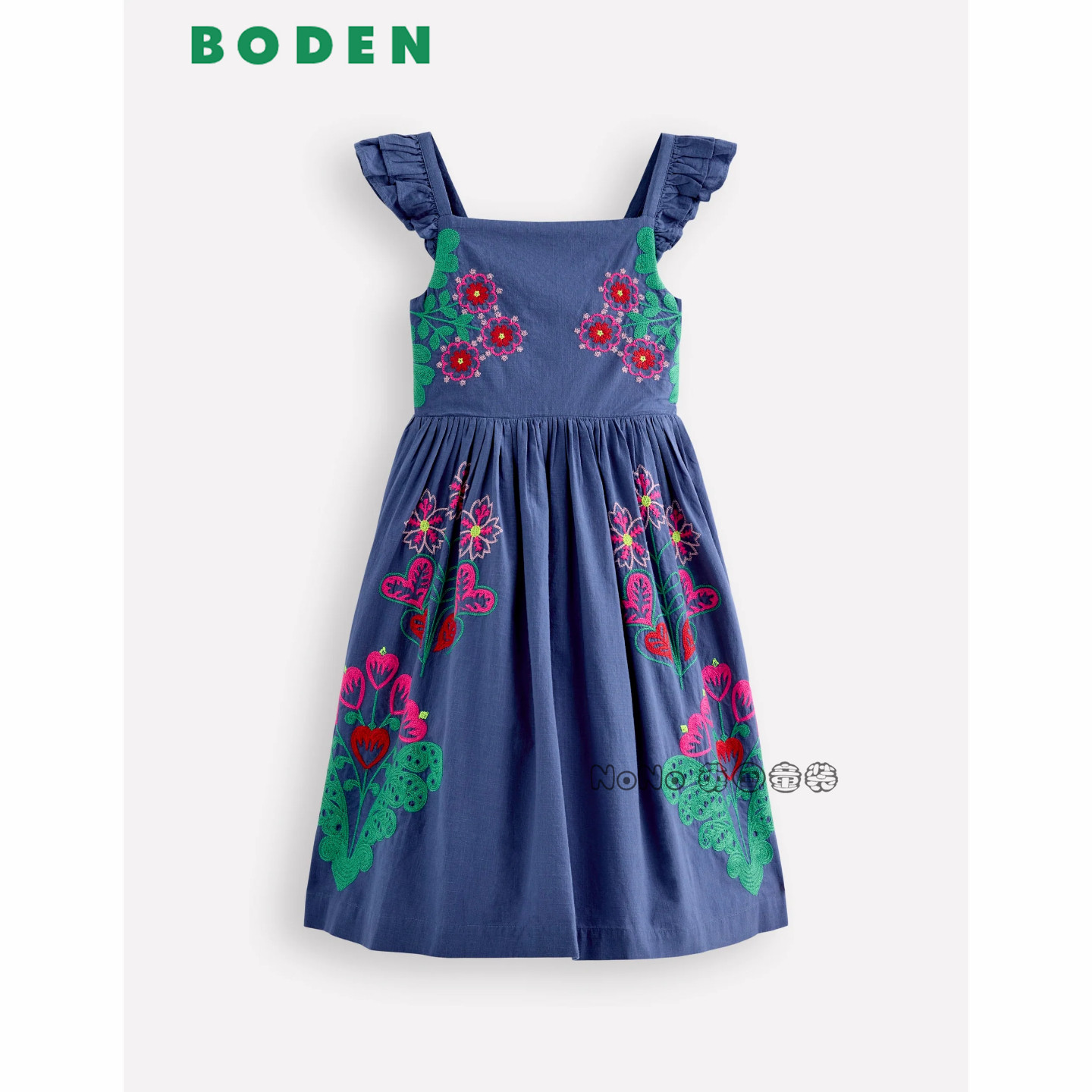 代购英国Mini Boden女童蓝色牛仔花朵刺绣连衣裙全棉2-12岁G5913