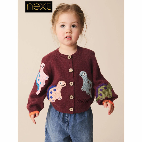 英国Next正品女童酒红色恐龙刺绣开衫针织衫毛衣1-7岁新款W11-239
