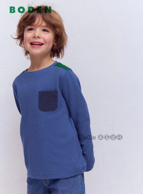 代购英国Mini BODEN男童蓝绿色华夫格长袖T恤全棉休闲2-14岁B3207