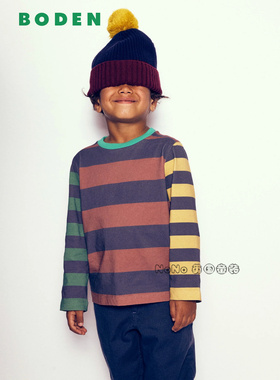 代购英国Mini BODEN男童棕绿蓝黄色条纹长袖T恤纯棉2-14岁B3067