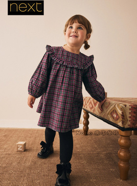 英国Next代购女童紫色格子纯棉连衣裙长袖1-8岁春秋荷叶边F69-772