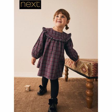 英国Next代购女童紫色格子纯棉连衣裙长袖1-8岁春秋荷叶边F69-772