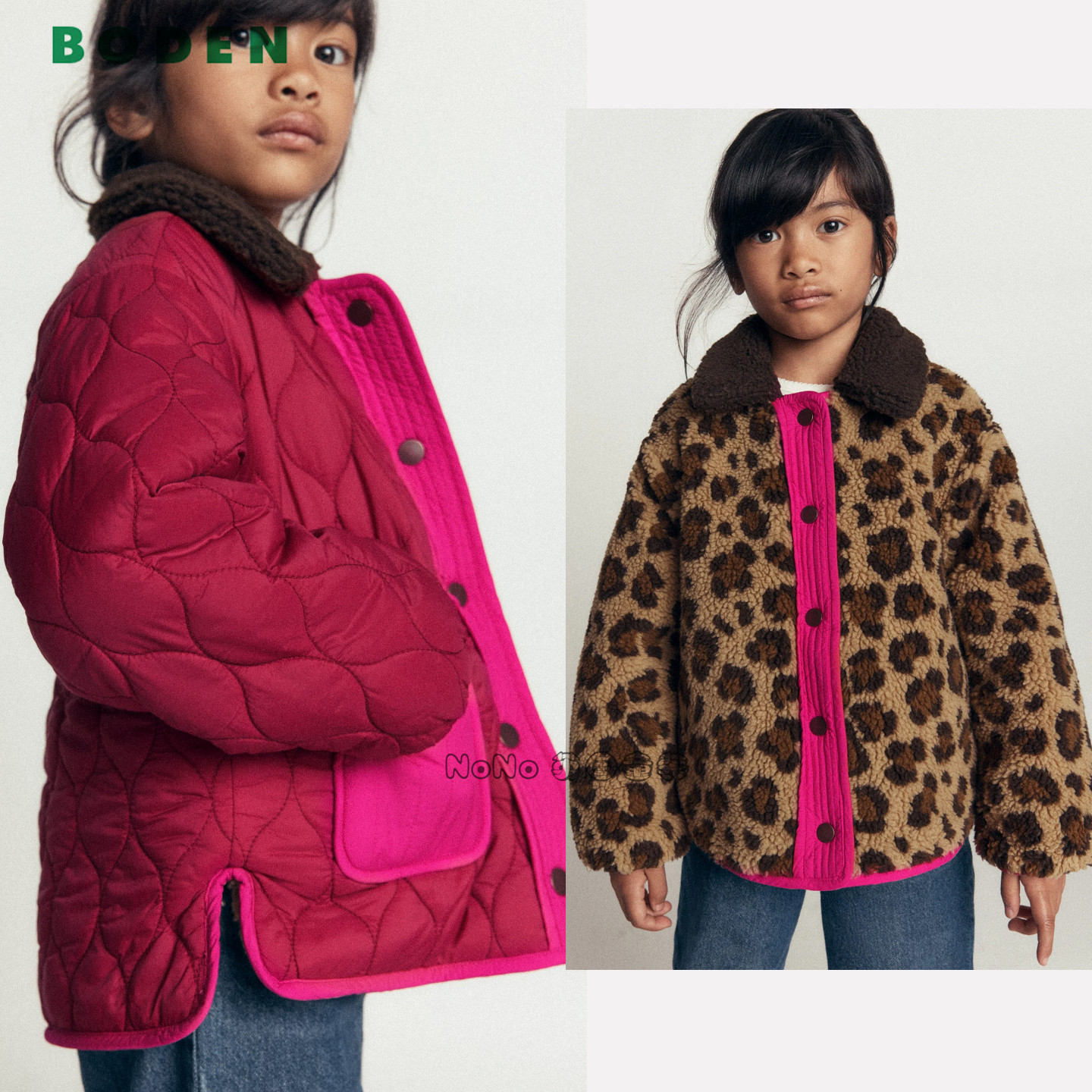 英国Mini BODEN女童红色豹纹两面穿外套棉服棉衣2-14岁新款G6107