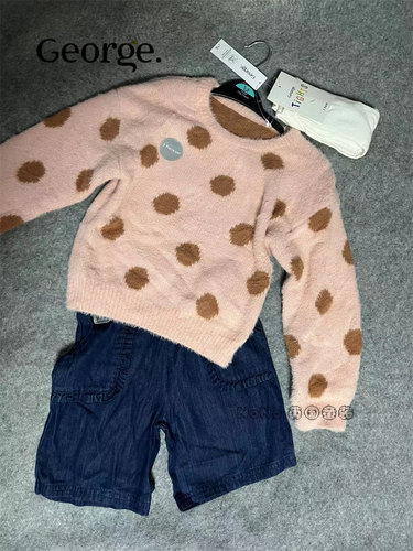 现货英国乔治George女童粉波点毛衣牛仔短裤连裤袜套装