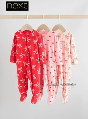 英国Next女婴新生儿粉红色蝴蝶结连体睡衣长爬睡袋纯棉F34-044