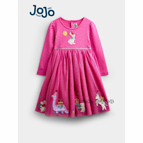 英国JoJo Maman Bebe女童玫粉色兔子恐龙刺绣礼服连衣裙G26-382