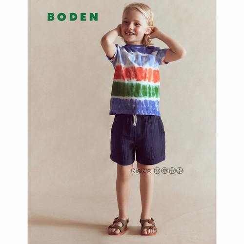 英国Mini BODEN男童蓝红色扎染条纹短袖T恤全棉2-14岁新款B3029