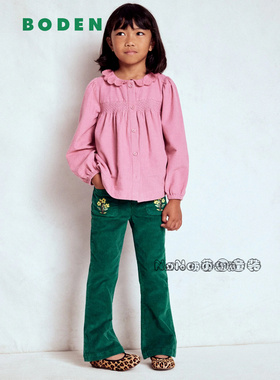 英国Mini Boden女童绿色灯芯绒刺绣花休闲喇叭裤纯棉2-14岁G5617