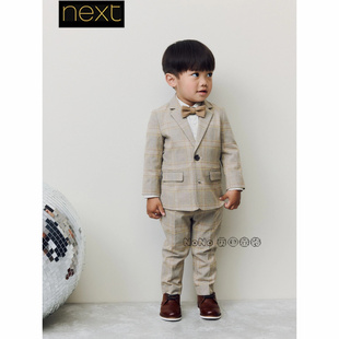 英国Next男童卡其格子衬衫礼服西装领结长裤演出生日套装AN3-603