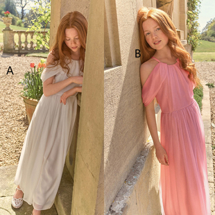 现货Next英国正品 184 大童亲子露肩连衣裙粉白色伴娘礼服长裙M11