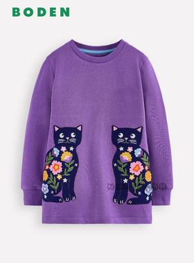英国Mini BODEN女童紫色猫咪碎花长款长袖T恤裙2-12岁G5625-PRP
