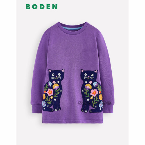 英国Mini BODEN女童紫色猫咪碎花长款长袖T恤裙2-12岁G5625-PRP