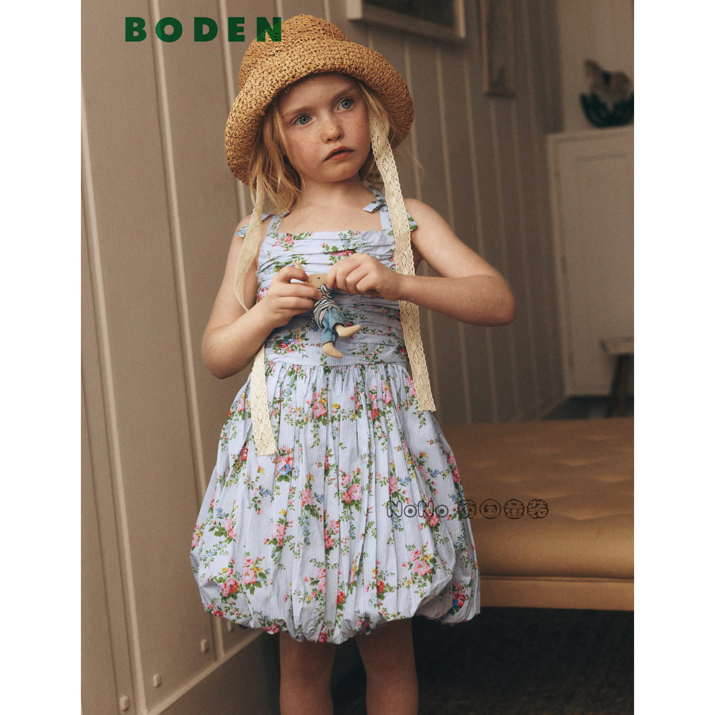 英国Mini Boden女童泡泡裙蓝色碎花吊带连衣裙全棉2-12岁G5990