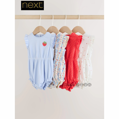 英国Next婴儿红白蓝色草莓碎花短袖连体包屁衣全棉短爬H53-884