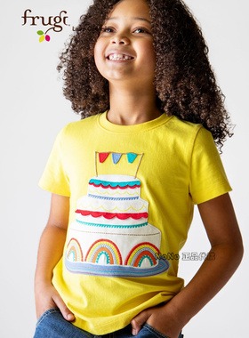 英国Frugi有机棉正品儿童黄色生日蛋糕贴布刺绣短袖T恤F46-908