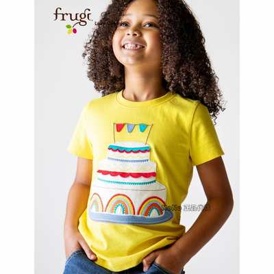 英国Frugi有机棉正品儿童黄色生日蛋糕贴布刺绣短袖T恤F46-908