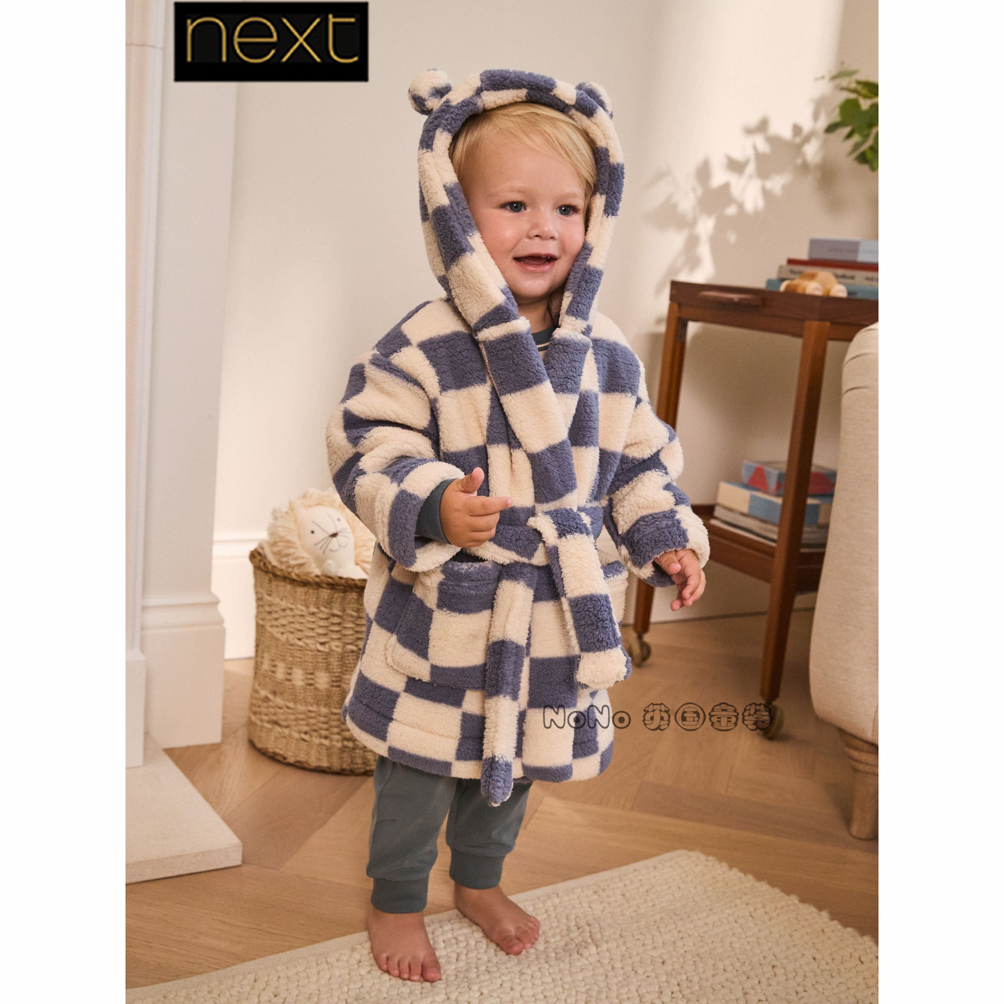 Next英国代购男童蓝白色格子保暖抓绒睡袍浴袍家居服1-8岁F70-455