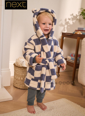 Next英国代购男童蓝白色格子保暖抓绒睡袍浴袍家居服1-8岁F70-455