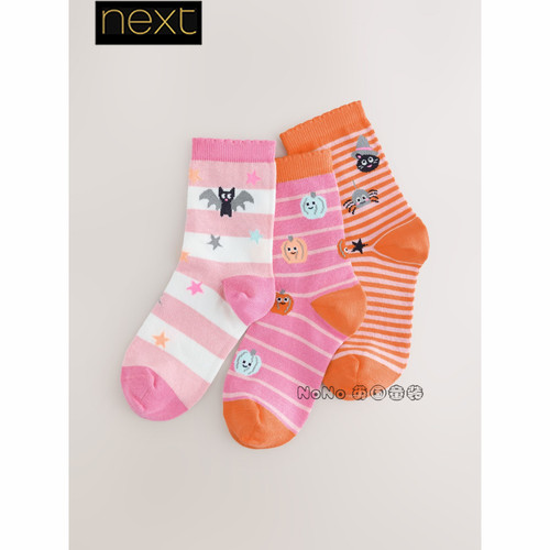 英国Next儿童粉橘色万圣节南瓜中筒短袜棉质袜子套装三双G98-591