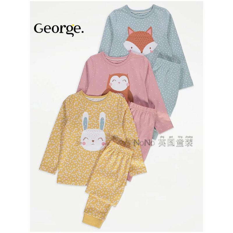 现货英国乔治George女童黄粉色兔子狐狸长袖睡衣秋裤家居服纯棉