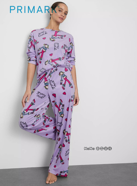 代购英国Primark女款大童紫色时髦小妞保暖绒长袖家居服睡衣裤