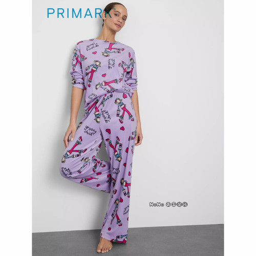 代购英国Primark女款大童紫色时髦小妞保暖绒长袖家居服睡衣裤