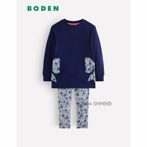 英国Mini Boden女童蓝色蝴蝶碎花长款T恤裙打底裤套装2-10岁G5635