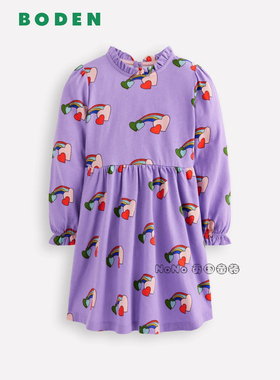 代购英国Mini Boden女童紫色爱心彩虹长袖连衣裙纯棉2-12岁G5741