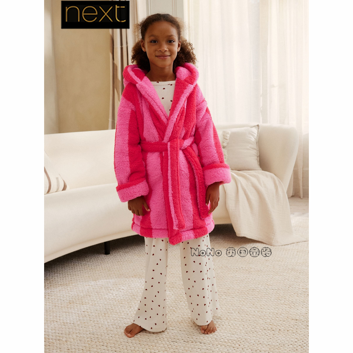 Next英国女大童亲子新年粉红色条纹抓绒睡袍浴袍家居服W58-552