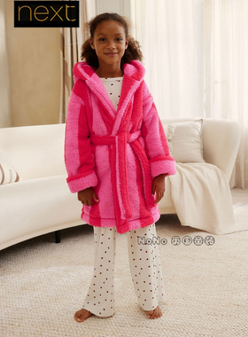 Next英国女大童亲子新年粉红色条纹抓绒睡袍浴袍家居服W58-552