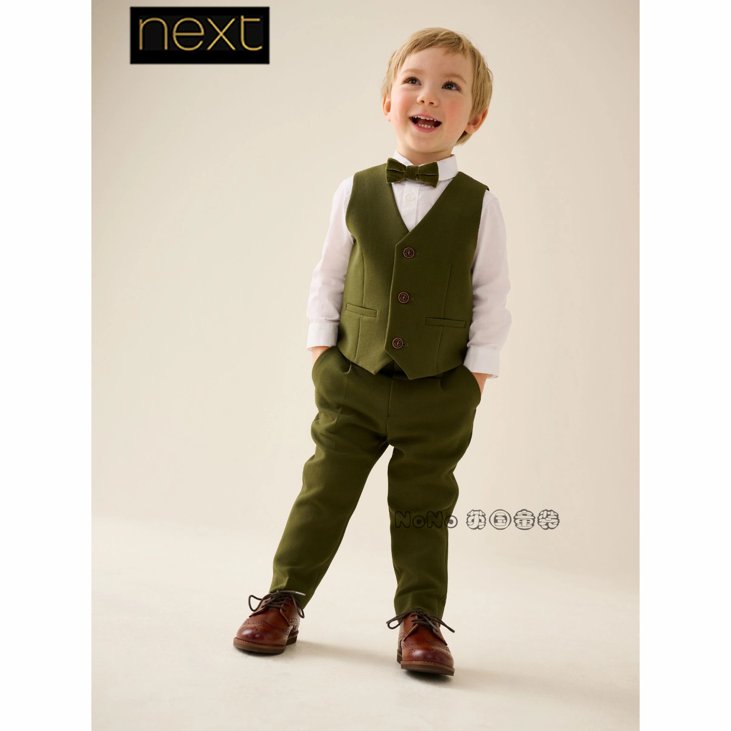 英国Next男童橄榄绿色衬衫礼服马甲长裤演出生日套装1-9岁W16-753