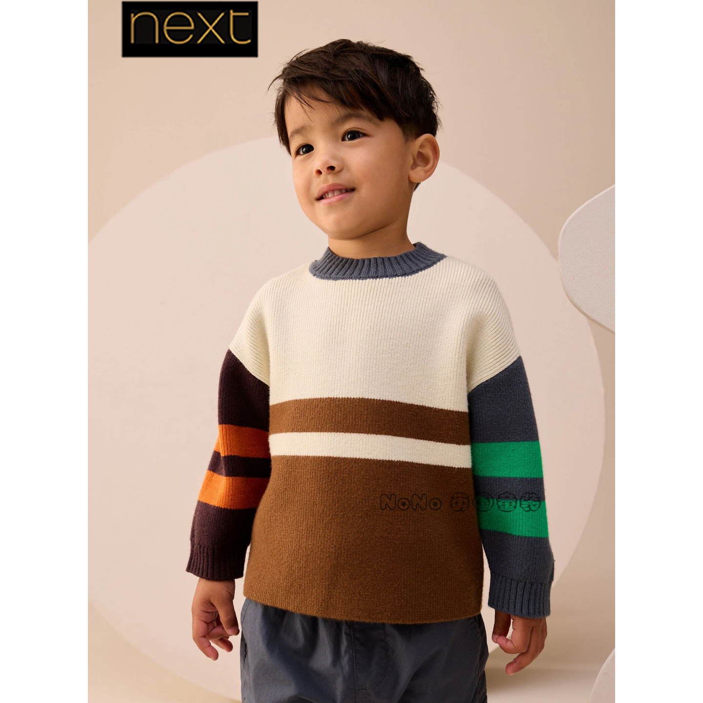 英国Next正品代购男童棕白蓝色条纹针织衫毛衣圆领1-7岁F73-148