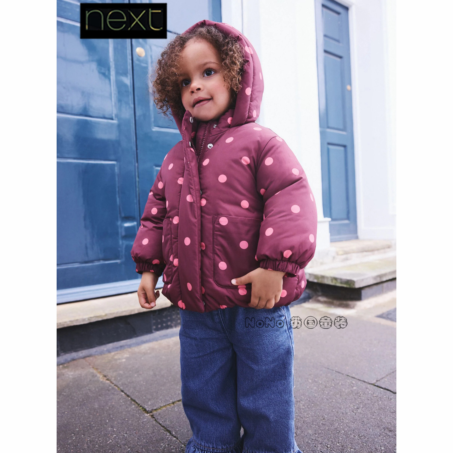 英国Next正品女童酒红色波点卡通棉服加厚外套1-7岁新款W13-393