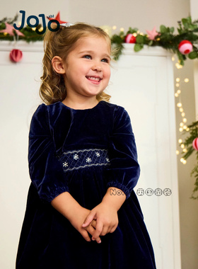 英国JoJo Maman Bebe女童深蓝色丝绒打揽连衣裙礼服长袖W26-414