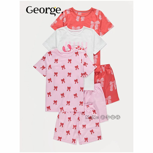英国乔治George女大童粉红色龙虾蝴蝶结短袖家居服睡衣裤1403102