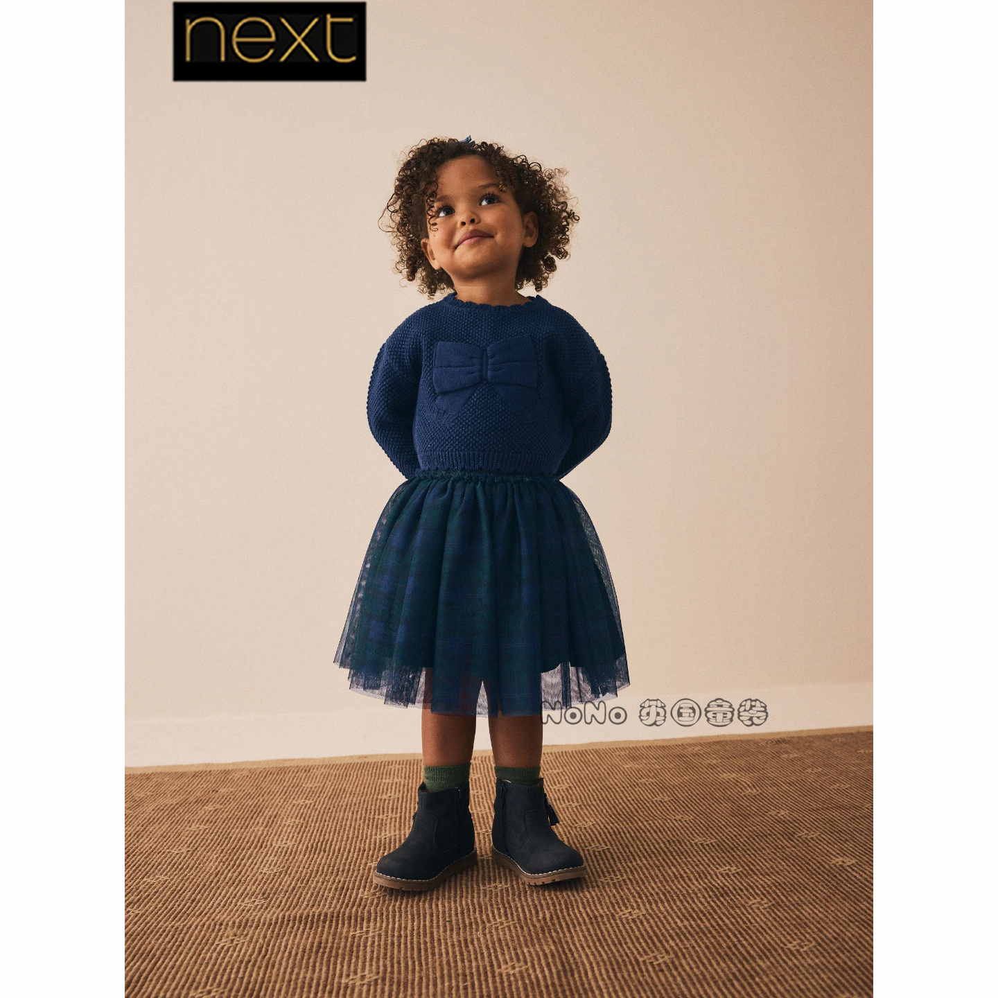 英国Next女童代购深蓝色蝴蝶结毛衣纱裙半裙套装1-10岁F59-990