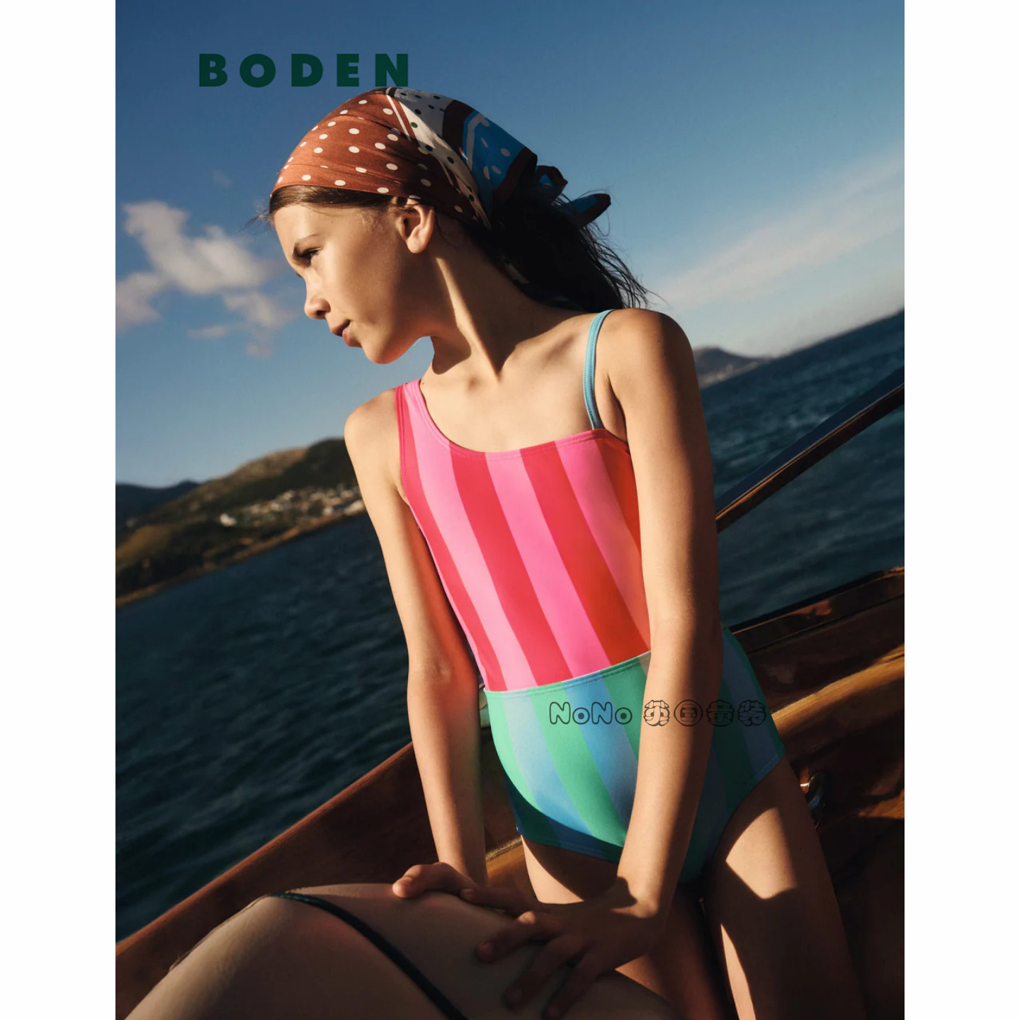 英国Mini BODEN红蓝色条纹吊带连体泳衣温泉UPF50+2-14岁G5870