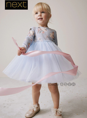 英国Next代购女童蓝色花仙子tutu网纱连衣裙长袖1-8岁春秋F81-710