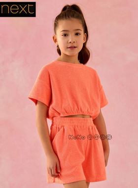 英国Next正品女大童亲子荧光橙色短袖T恤短裤套装纯棉沙滩AG5-732