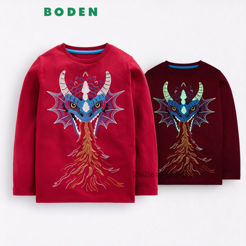 英国Mini BODEN男童夜光喷火龙刺绣长袖T恤纯棉2-12岁新款B3083