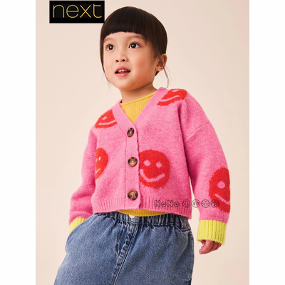 英国Next正品女童粉色笑脸V领开衫针织衫毛衣1-7岁新款G58-621