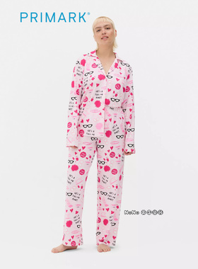代购英国Primark女款成人大童粉色卡通涂鸦长袖家居服睡衣裤暖绒